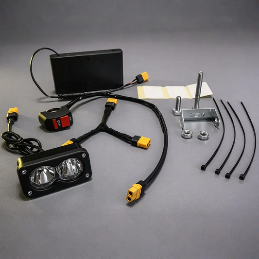 Battery Powered Baja Light kit: dual-lens LED light, battery holder, on/off switch, wiring harness, mounting bracket and zip ties